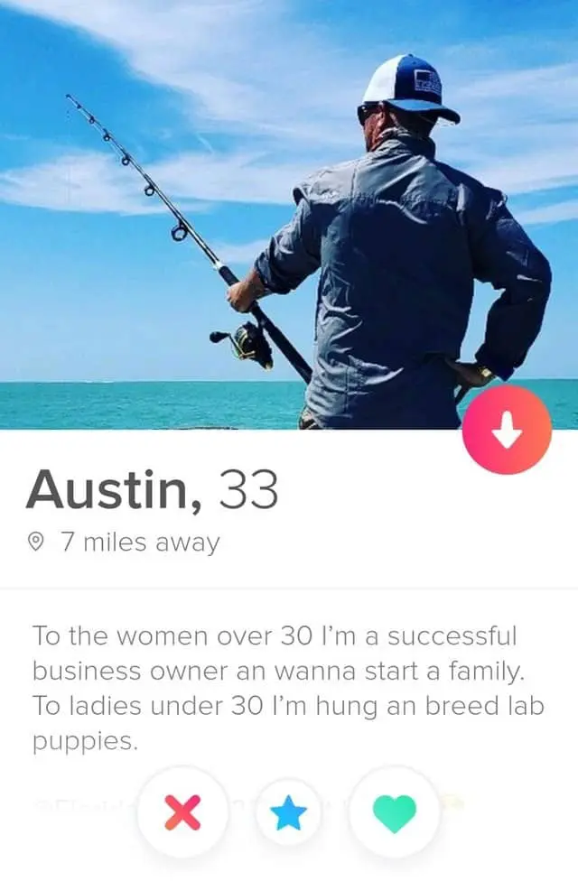Austin 33 Tinder profile with fishing photo offers different pitches to women based on their age