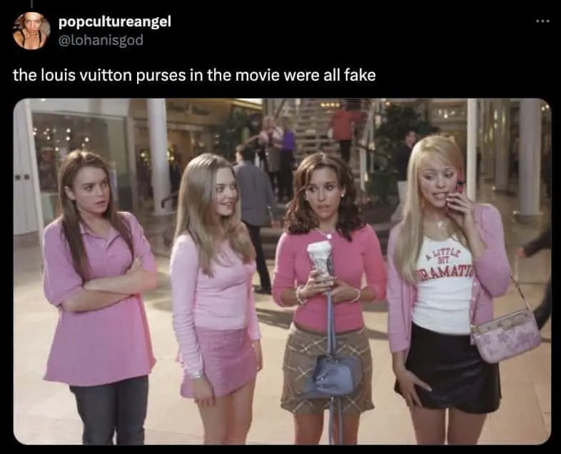 Mean Girls cast walking mall scene revealing all Louis Vuitton purses in film were counterfeit props