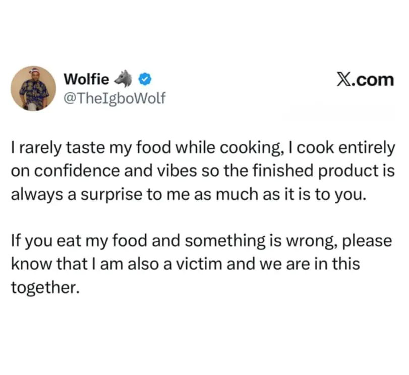 hilarious meme tweet from "Wolfie" explaining a chaotic cooking philosophy. They claim to cook entirely on "confidence and vibes" without ever tasting the food, warning guests: "If you eat my food and something is wrong, please know that I am also a victim and we are in this together."