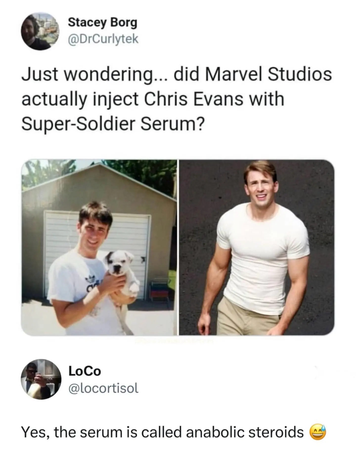 A hilarious meme comparing a young, lanky Chris Evans holding a puppy to his massive, muscular physique as Captain America. A Twitter user provides a cynical reality check to the "Super-Soldier Serum" theory: "Yes, the serum is called anabolic steroids."