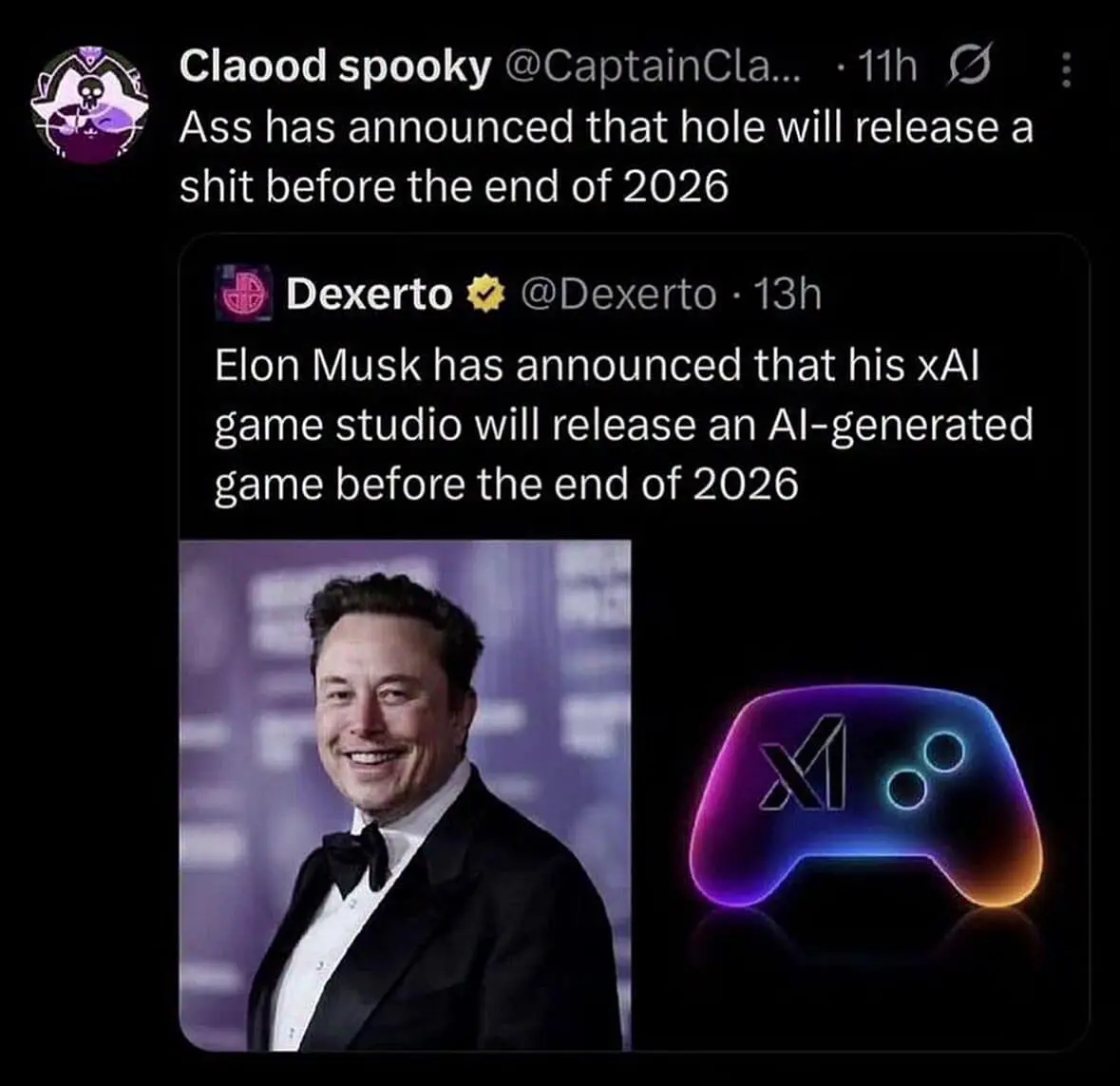 A meme dump entry showing a news headline about Elon Musk's xAI studio releasing an AI-generated game by 2026, roasted by a quote-tweet comparing the corporate announcement to a basic biological function: "Ass has announced that hole will release a shit..."