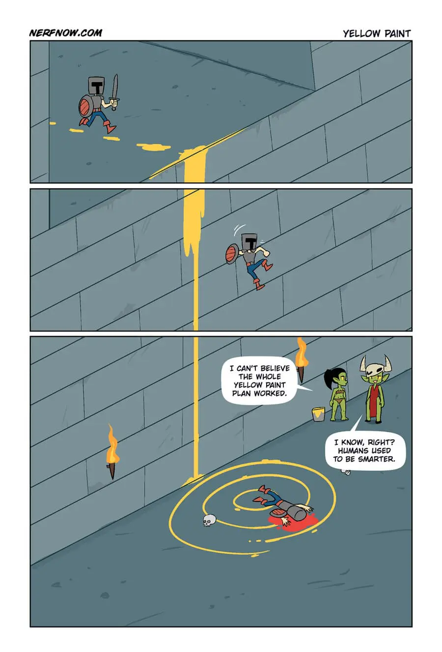A gaming-themed meme dump comic from Nerfnow.com mocking the "yellow paint" guidance trope. A knight follows a trail of yellow paint off a castle ledge to his death, while two goblins below comment on how humans used to be smarter before they relied on game UI.