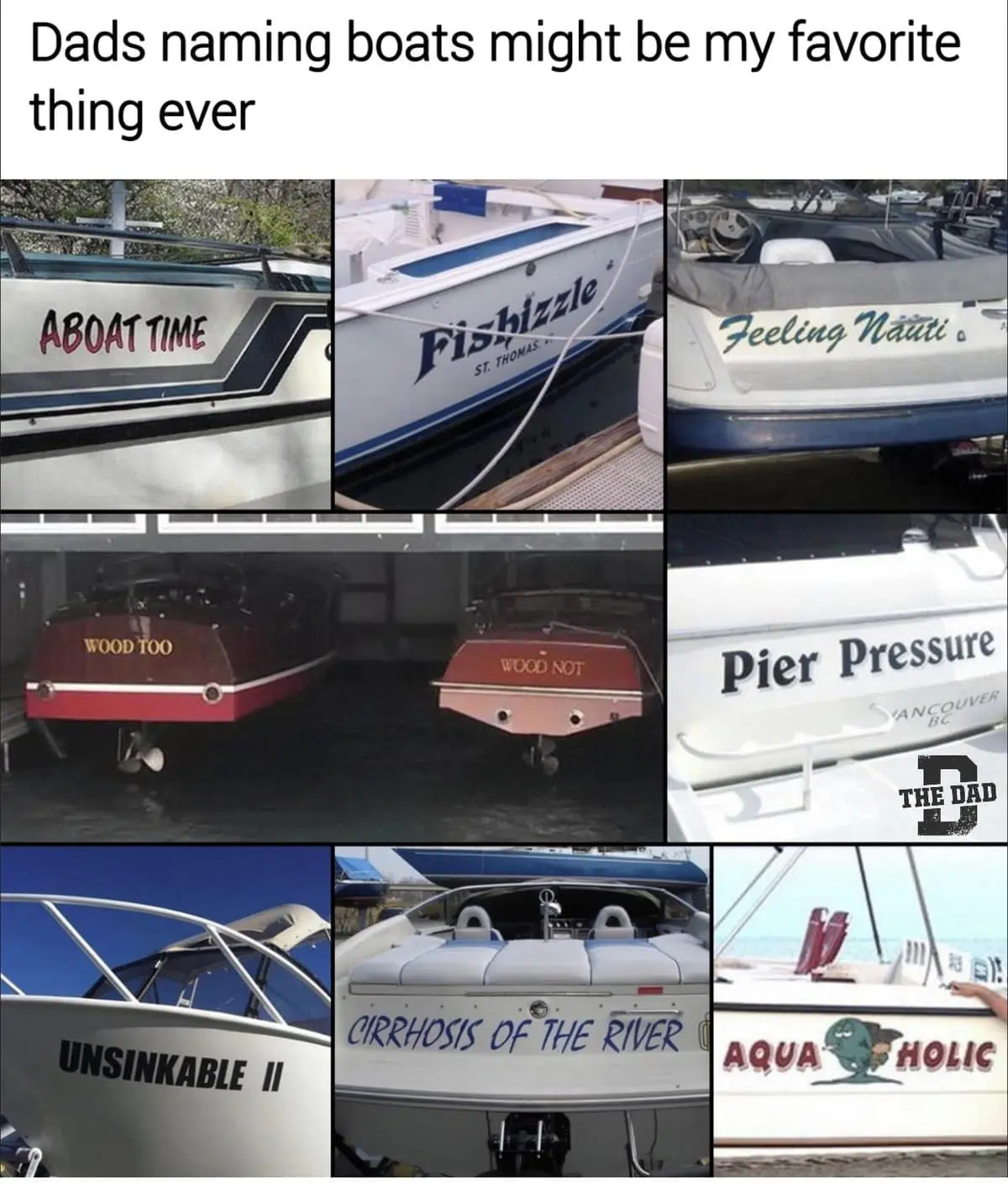 A compilation meme dump celebrating the peak dad-energy of boat names. The grid includes "Aboat Time," "Fishizzle," "Feeling Nauti," "Pier Pressure," "Unsinkable II," "Cirrhosis of the River," and "Aqua-Holic."