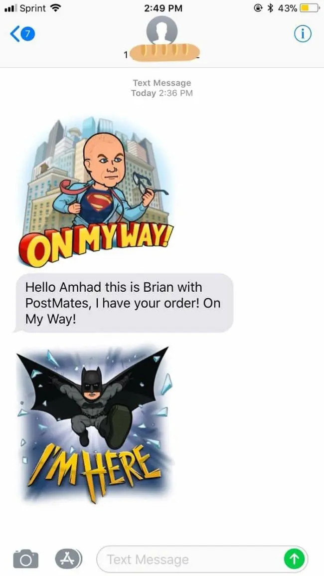 A text message conversation displays an enthusiastic PostMates courier named Brian sending Amhad superhero Bitmoji stickers, including a Superman "ON MY WAY!" graphics card and a Batman "I'M HERE" notification.