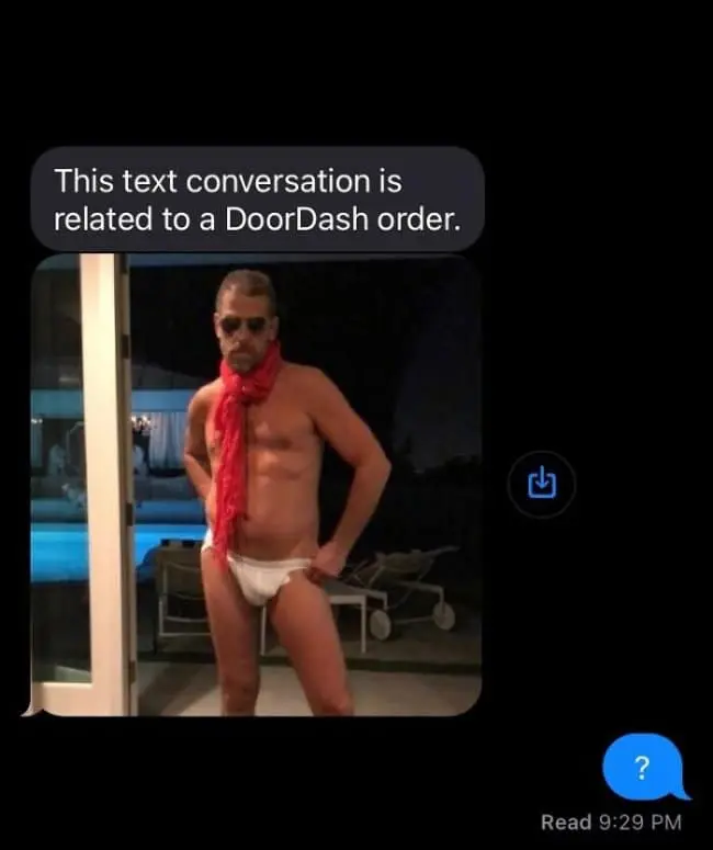 A completely surreal DoorDash chat logs an unhinged text interaction where a courier randomly messages the customer a bizarre poolside photo of Hunter Biden posing in a red scarf and white briefs.