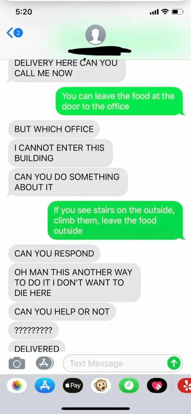 A text message log serving as a chaotic funny delivery driver text interaction where a delivery person goes into full panic mode while trying to navigate an office building structure, messaging "I DON'T WANT TO DIE HERE."