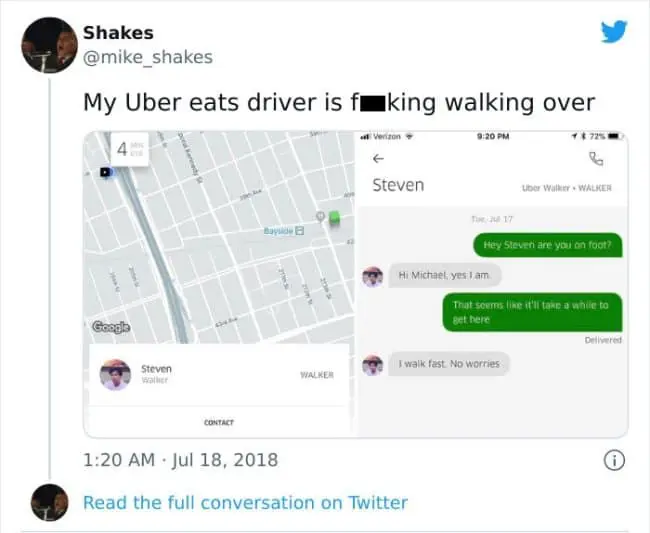 A viral screenshot shared as a funny delivery driver text highlight, displaying an active map where the assigned courier's vehicle type is officially listed as "WALKER," confidently texting that he walks fast so there are no worries.