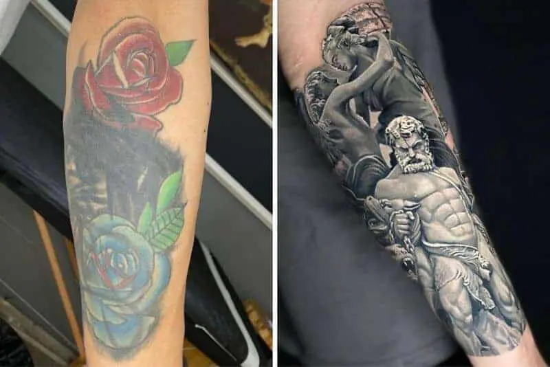 Simple red and blue roses replaced by detailed Greek mythology statues tattoo coverup on arm.