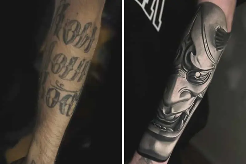 Faded forearm lettering covered by detailed black and grey Japanese Hannya mask tattoo coverup.