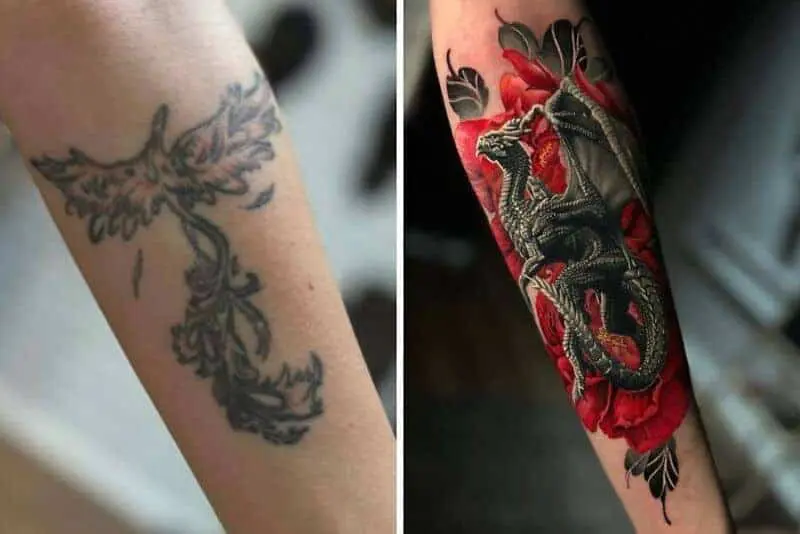 Simple outline phoenix tattoo replaced with detailed dragon perched on vibrant red flower tattoo coverup.