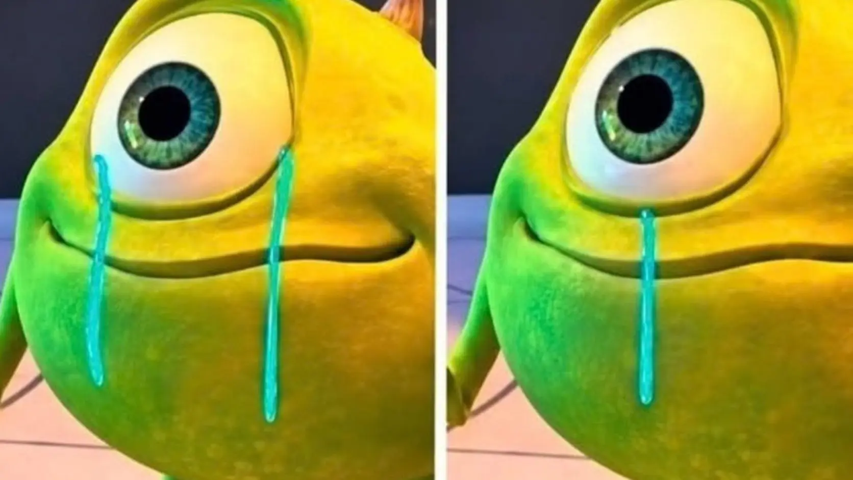 Mike Wazowski from Monsters, Inc. shown crying two different ways in a close-up from tonight's best funny memes.