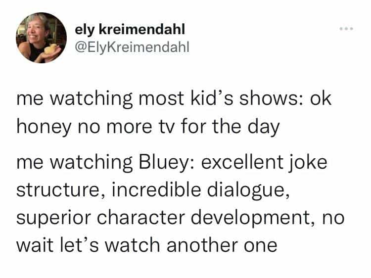 me watching most kid's shows: ok honey no more tv for the day me watching Bluey: excellent joke structure, incredible dialogue, superior character development, no wait let's watch another one