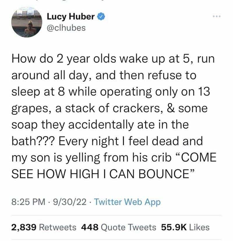 How do 2 year olds wake up at 5, run around all day, and then refuse to sleep at 8 while operating only on 13 grapes, a stack of crackers, & some soap they accidentally ate in the bath??? Every night I feel dead and my son is yelling from his crib "COME SEE HOW HIGH I CAN BOUNCE"
