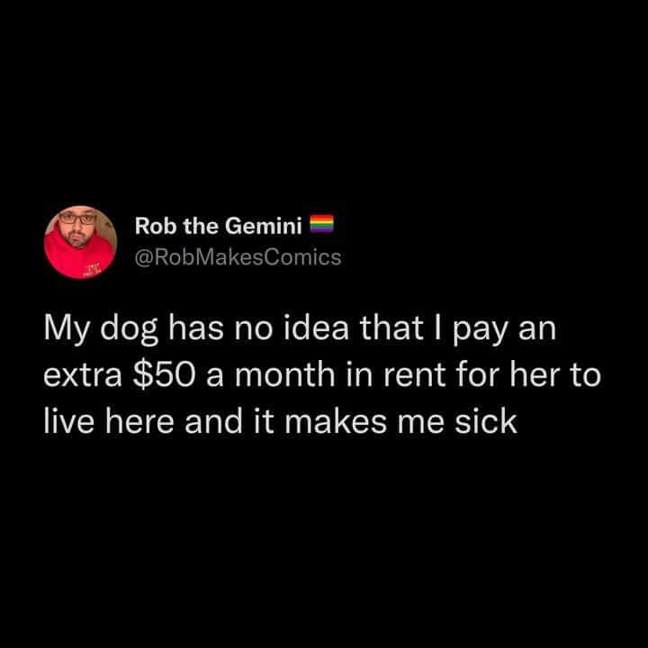 My dog has no idea that I pay an extra $50 a month in rent for her to live here and it makes me sick