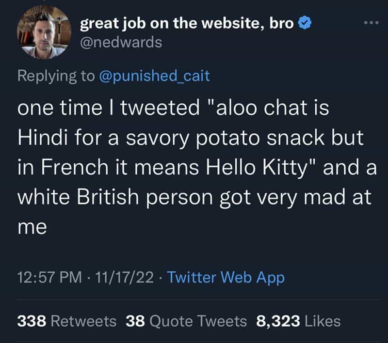one time I tweeted "aloo chat is Hindi for a savory potato snack but in French it means Hello Kitty" and a white British person got very mad at me