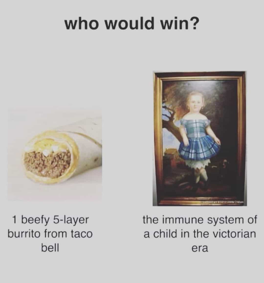 who would win? 1 beefy 5-layer burrito from taco bell the immune system of a child in the victorian era