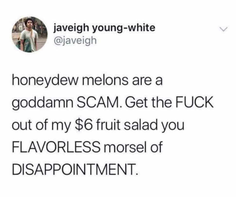 honeydew melons are a goddamn SCAM. Get the out of my $6 fruit salad you FLAVORLESS morsel of DISAPPOINTMENT.