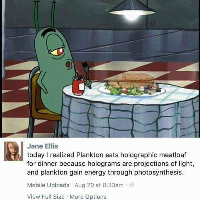 today I realized Plankton eats holographic meatloaf for dinner because holograms are projections of light, and plankton gain energy through photosynthesis.