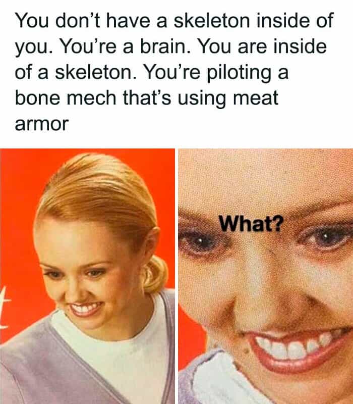You don't have a skeleton inside of you. You're a brain. You are inside of a skeleton. You're piloting a bone mech that's using meat armor
