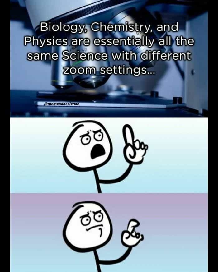 Biology, Chemistry, and Physics are essentially all the same Science with different zoom settings...
