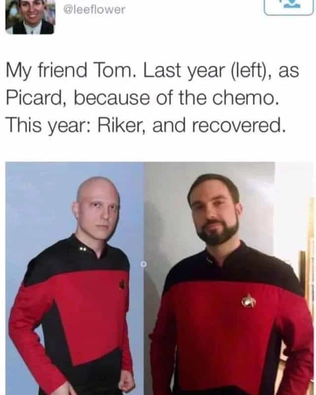 My friend Tom. Last year (left), as Picard, because of the chemo. This year: Riker, and recovered.