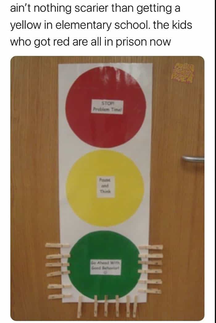 ain't nothing scarier than getting a yellow in elementary school. the kids who got red are all in prison now