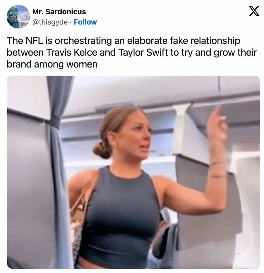 The NFL is orchestrating an elaborate fake relationship between Travis Kelce and Taylor Swift to try and grow their brand among women
