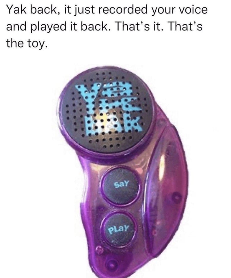 90s toy memes Yak back, it just recorded your voice and played it back. That's it. That's the toy.