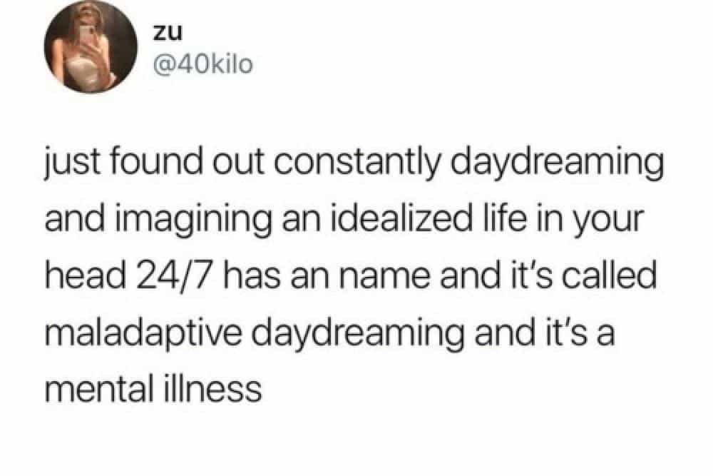 funny memes just found out constantly daydreaming and imagining an idealized life in your head 24/7 has an name and it's called maladaptive daydreaming and it's a mental illness