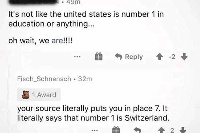 Americans and europeans roasting It's not like the united states is number 1 in education or anything… oh wait, we are!!!! your source literally puts you in place 7. It literally says that number 1 is Switzerland.