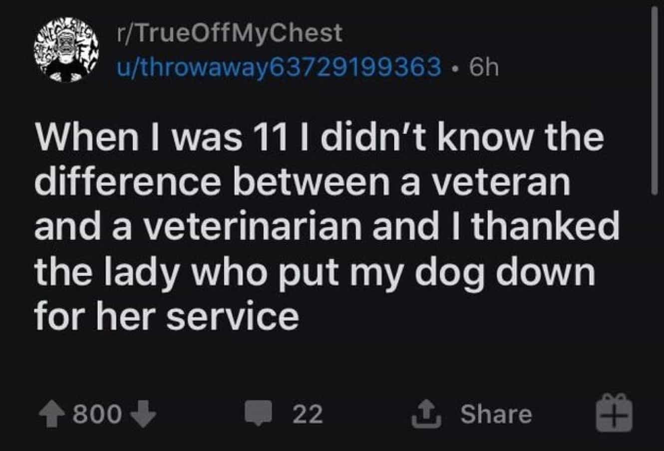conversation with kids When I was 11 I didn't know the difference between a veteran and a veterinarian and I thanked the lady who put my dog down for her service