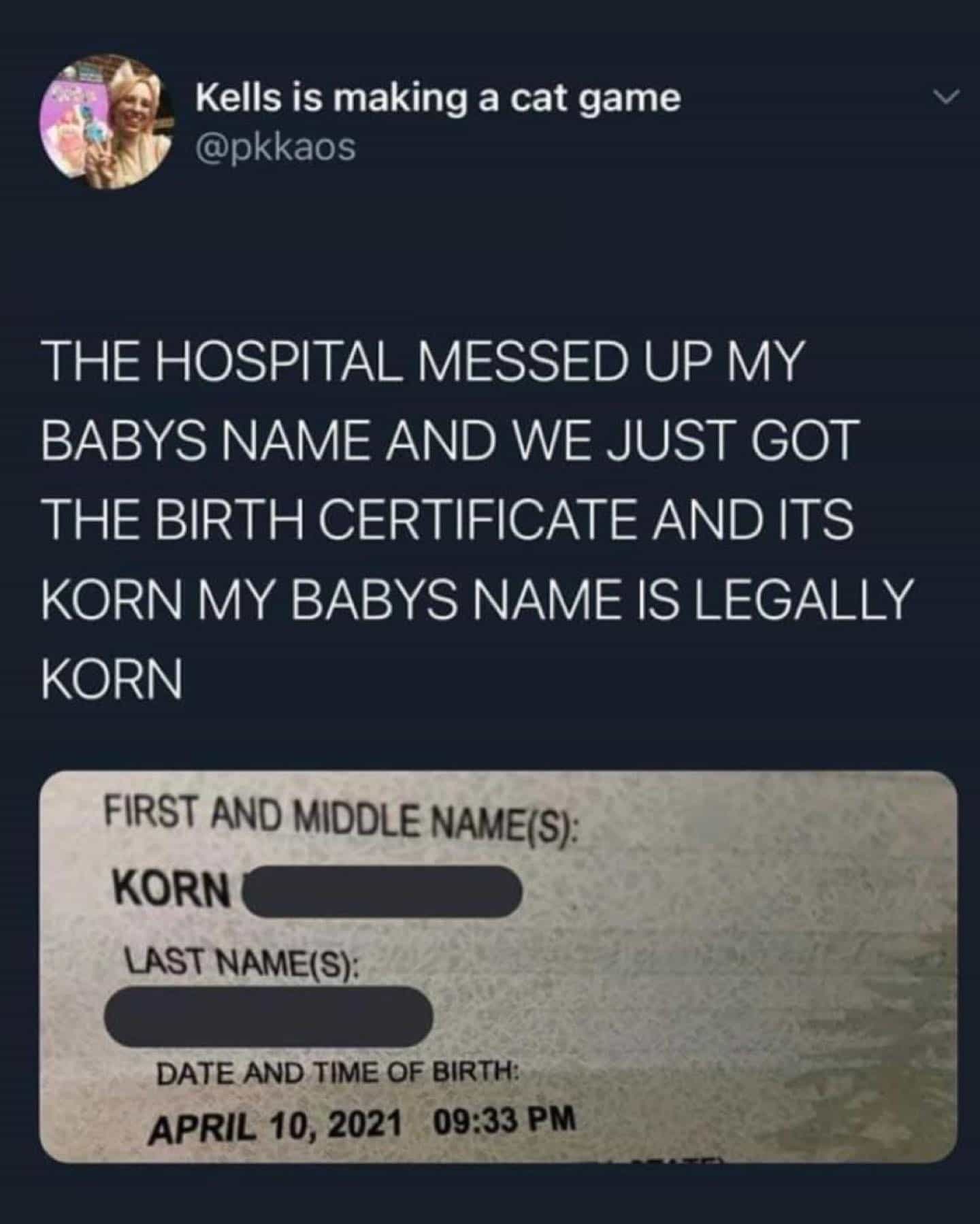meme dump THE HOSPITAL MESSED UP MY BABYS NAME AND WE JUST GOT THE BIRTH CERTIFICATE AND ITS KORN MY BABYS NAME IS LEGALLY KORN FIRST AND MIDDLE NAME(S): KORN LAST NAME(S): DATE AND TIME OF BIRTH: APRIL 10, 2021 09:33 PM