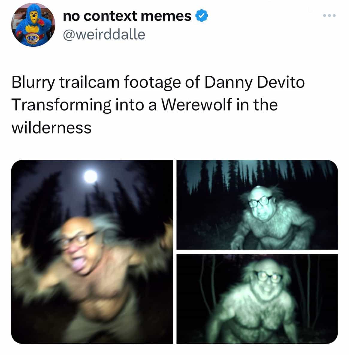 meme dump Blurry trailcam footage of Danny Devito Transforming into a Werewolf in the wilderness