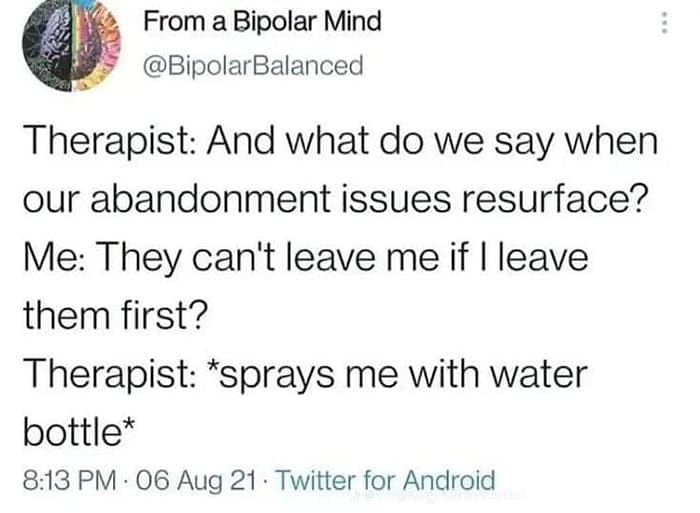 pics funny Therapist: And what do we say when our abandonment issues resurface? Me: They can't leave me if I leave them first? Therapist: *sprays me with water bottle*