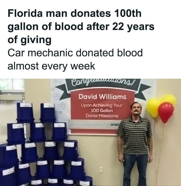 Bros helping bros Florida man donates 100th gallon of blood after 22 years of giving Car mechanic donated blood almost every week