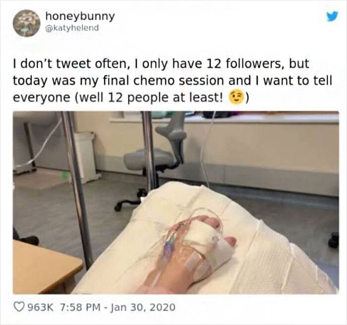 Bros helping bros I don't tweet often, I only have 12 followers, but today was my final chemo session and I want to tell everyone (well 12 people at least!