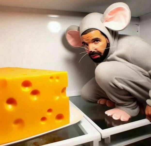 drake as a mouse with cheese in fridge
