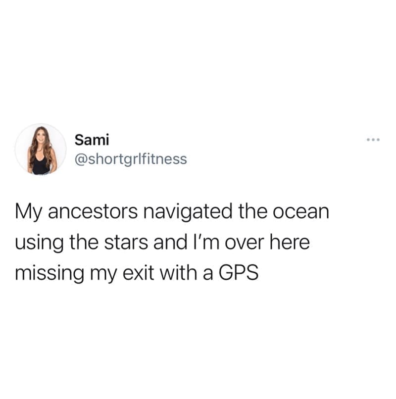 driving memes My ancestors navigated the ocean using the stars and I'm over here missing my exit with a GPS