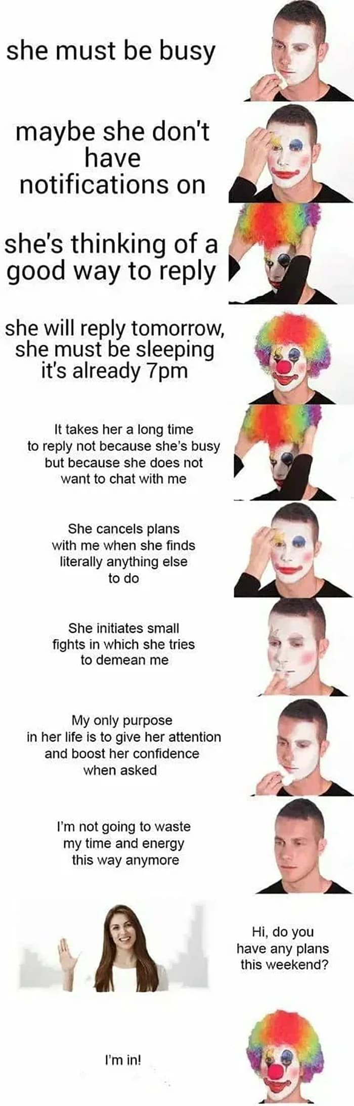 funny pictures she must be busy maybe she don't have notifications on she's thinking of a good way to reply she will reply tomorrow, she must be sleeping it's already 7pm It takes her a long time to reply not because she's busy but because she does not want to chat with me She cancels plans with me when she finds literally anything else to do She initiates small fights in which she tries to demean me My only purpose in her life is to give her attention and boost her confidence when asked I'm not going to waste my time and energy this way anymore