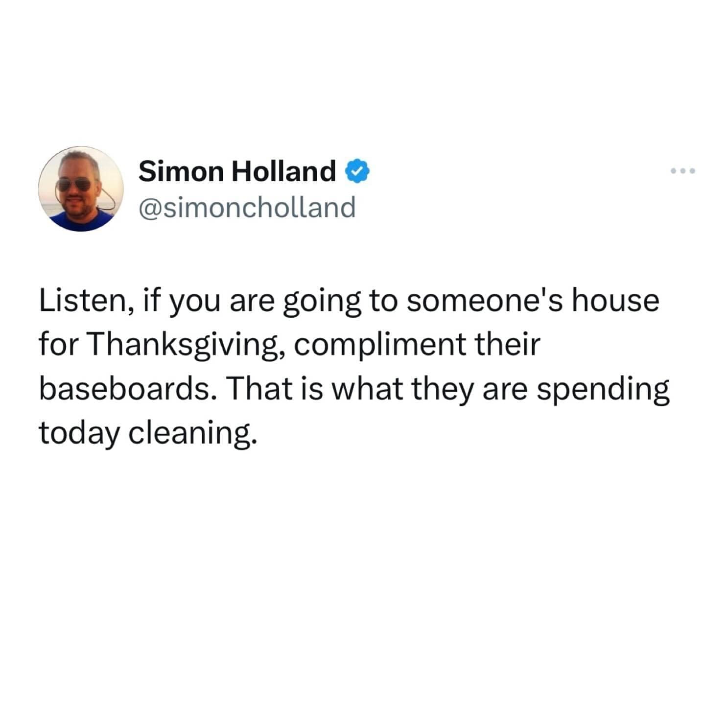 funny pictures Simon Holland © @simoncholland Listen, if you are going to someone's house for Thanksgiving, compliment their baseboards. That is what they are spending today cleaning.