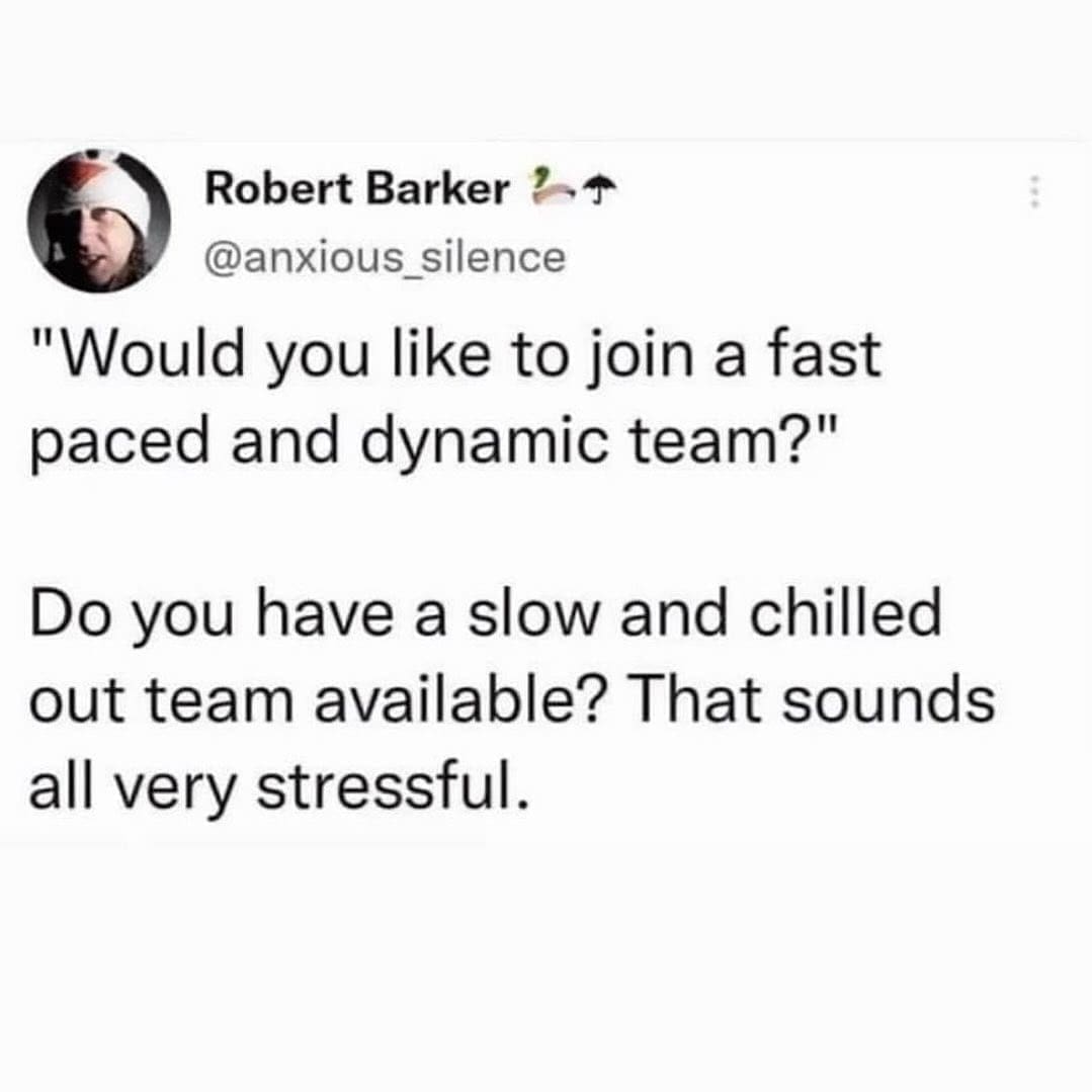 funny pictures "Would you like to join a fast paced and dynamic team?' Do you have a slow and chilled out team available? That sounds all very stressful.