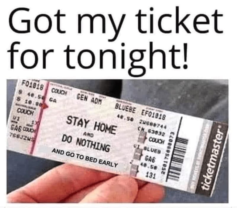 introvert memes Got my ticket for tonight! F01018 COUCH GEN AOM GA 8 BLUEBE EFO1B18 40.50 ZUG00744 CM.63032 COUCH GAG COLO 760326 STAY HOME