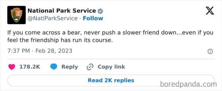 national park service tweets If you come across a bear, never push a slower friend down...even if you feel the friendship has run its course.
