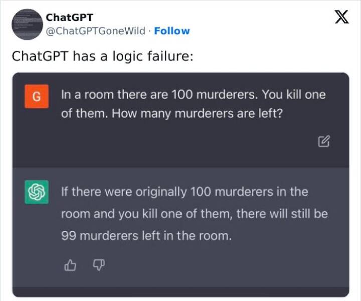 A.I Fails In a room there are 100 murderers. You kill one of them. How many murderers are left? If there were originally 100 murderers in the room and you kill one of them, there will still be 99 murderers left in the room.
