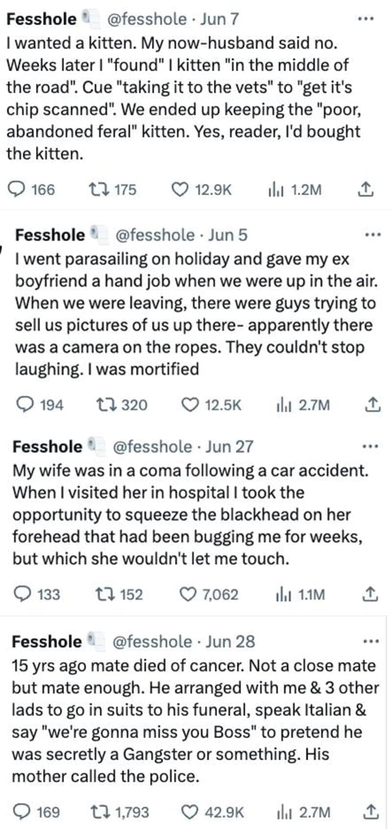 Anonymous Confessions I wanted a kitten. My now-husband said no. Weeks later I "found" I kitten "in the middle of the road". Cue "taking it to the vets" to "get it's chip scanned". We ended up keeping the "poor, abandoned feral" kitten. Yes, reader, I'd bought the kitten.