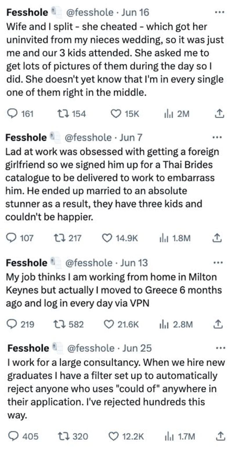 Anonymous Confessions Wife and I split - she cheated - which got her uninvited from my nieces wedding, so it was just me and our 3 kids attended. She asked me to get lots of pictures of them during the day so I did. She doesn't yet know that I'm in every single one of them right in the middle.