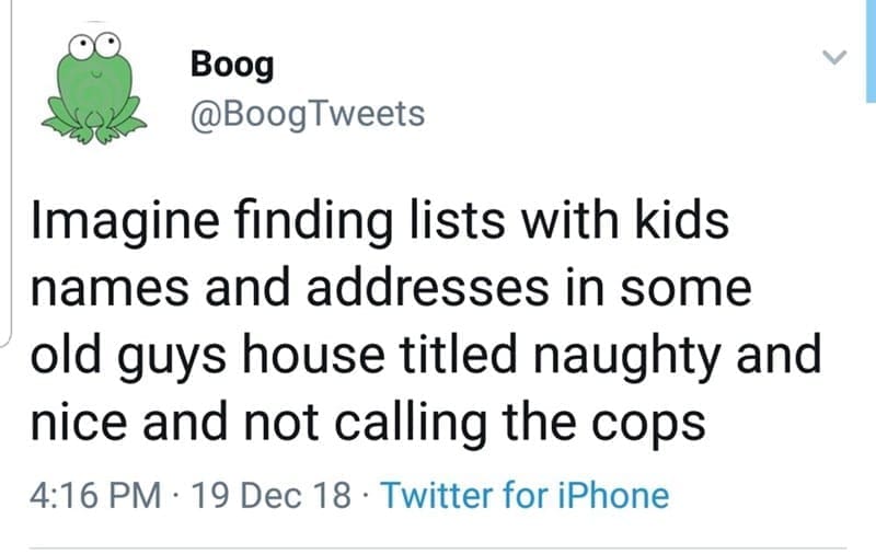 Christmas Tweets Imagine finding lists with kids names and addresses in some old guys house titled naughty and nice and not calling the cops