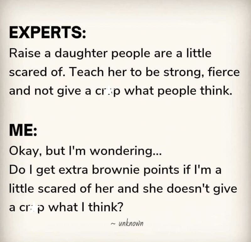 Daughter memes EXPERTS: Raise a daughter people are a little scared of. Teach her to be strong, fierce and not give a cr.:p what people think. ME: Okay, but I'm wondering... Do I get extra brownie points if I'm a little scared of her and she doesn't give a cr. p what I think?