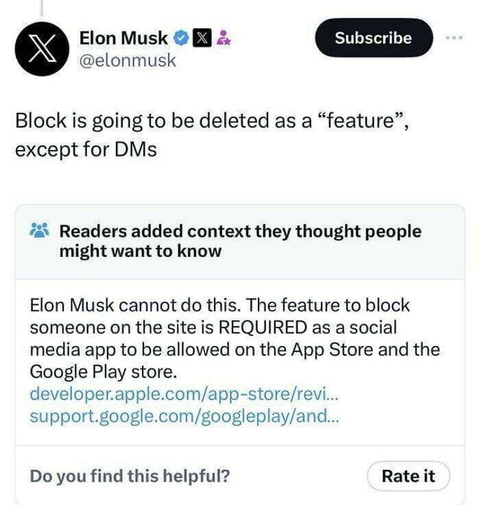 Fact Checker Memes Block is going to be deleted as a "feature", except for DMs Readers added context they thought people might want to know Elon Musk cannot do this. The feature to block someone on the site is REQUIRED as a social media app to be allowed on the App Store and the Google Play store.