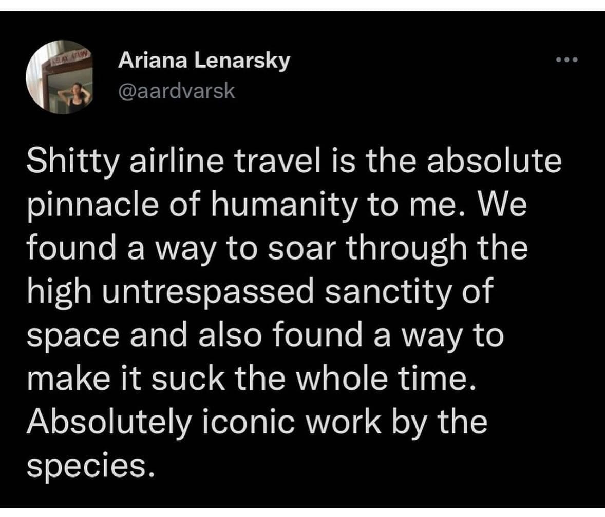 funny memes airline travel is the absolute pinnacle of humanity to me. We found a way to soar through the high untrespassed sanctity of space and also found a way to make it suck the whole time. Absolutely iconic work by the species.